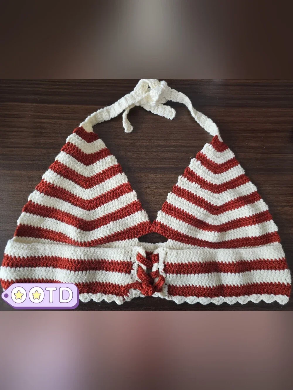 Handmade Crocheted Halter Top in Cream and Rust Stripe - Picture 2 of 2